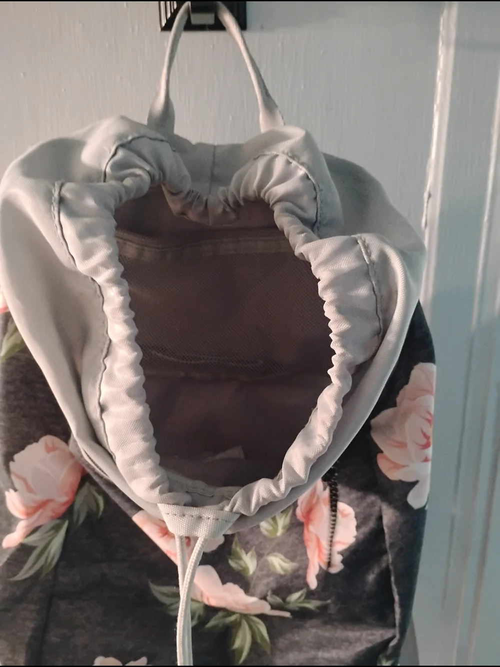 VOO DAY Floral Drawstring Laptop Backpack in Charcoal and Pink